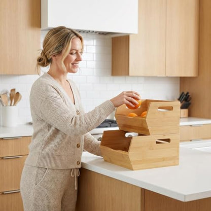 Bamboo Pantry Storage Bins , Ventilated stackable Design Potato and Onion Storage Bin Kitchen Organization Storage Basket Food Fruit Container for Cabinet, Studio, Office
