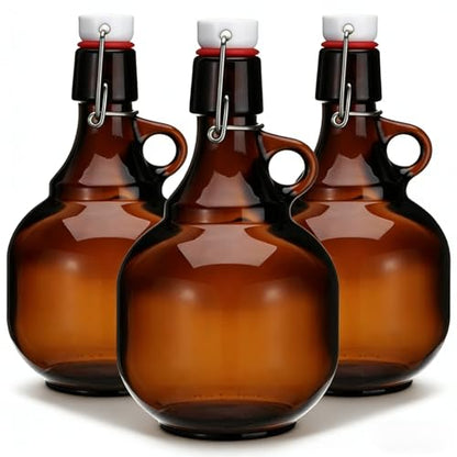 3 Pack 34OZ Amber Glass Bottle, Swing Top Home Brewing Beer Jar, Glass Gallon Jugs with Airtight Rubber, Reusable Leak-proof Container for Kombucha, Beverage, Oil, Vinegar