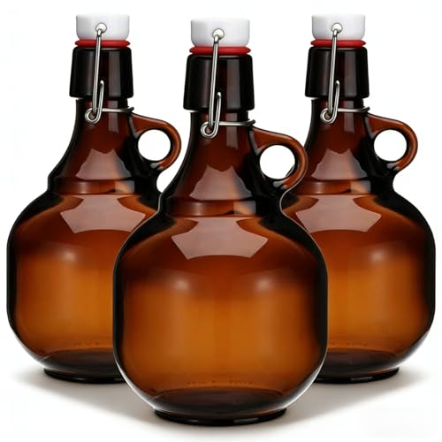 3 Pack 34OZ Amber Glass Bottle, Swing Top Home Brewing Beer Jar, Glass Gallon Jugs with Airtight Rubber, Reusable Leak-proof Container for Kombucha, Beverage, Oil, Vinegar