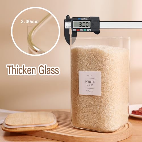 CZZGSM 2 Pack Square Glass Flour and Sugar Containers with 132 Kitchen Pantry Labels - Thicken 149 FL OZ Large Glass Storage Jars with Airtight Bamboo Lid - Big Food Canisters for Rice, Pasta, Cookie - size: 149OZ