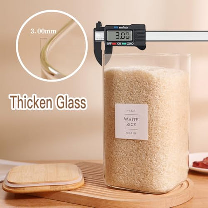 CZZGSM 2 Pack Square Glass Flour and Sugar Containers with 132 Kitchen Pantry Labels - Thicken 149 FL OZ Large Glass Storage Jars with Airtight Bamboo Lid - Big Food Canisters for Rice, Pasta, Cookie - size: 149OZ
