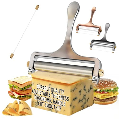 TOPULORS Wire Cheese Slicer Handheld Cutter with 1 Extra Wire, Silver | Stainless Steel Cheese Cutter Wire for Mozzarella, Cheddar, Gruyere, Adjustable Thickness Cheese Shaver for Block Cheese - color: Silver - Wire cheese slicer