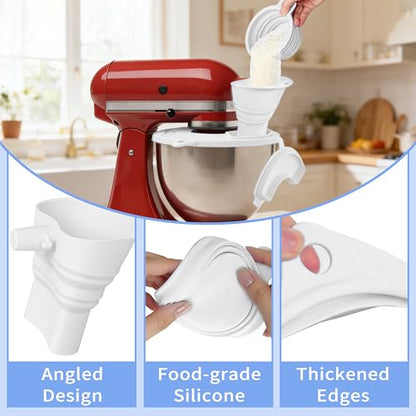 Silicone Bowl Cover with Flour Funnel for Kitchen Aid Mixer, Kitchenaid Bowl Cover for KitchenAid 4.5-5 Qt, Foldable Kitchen Funnel and Silicone Cup,Dishwasher Secure,White - color: White