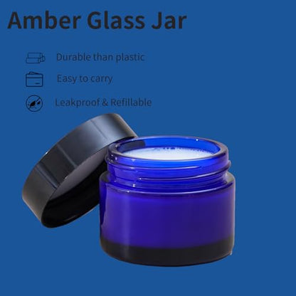 OverNews 2oz Blue Glass Jar Travel Size, 45PCS Empty Cosmetic Lotion Container with Black Lid & Spatula, Small Mini Jar for Beauty - color: HBlue, size: 45