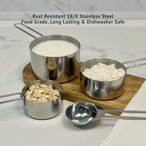 Stainless Steel Measuring Cups and Spoons Set, 8 Piece, Silver, Engraved Measurements, Nesting Metal Measuring Set for Baking & Cooking - color: Silver