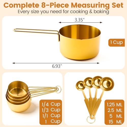 Gold 304 Stainless Steel Measuring Cup and Spoon Set, Stackable, 8-Piece, Long Handle for Narrow Bottles, Premium Gold Kitchen Utensils for Cooking and Mothers Day Gift - color: 8 set