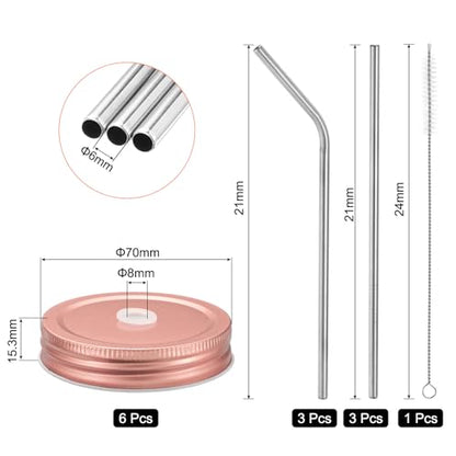 uxcell 13pcs Stainless Steel Mason Jar Lids with Straw Hole, 70mm Metal Canning Lid Mason Storage Covers Caps with Silicone Ring/Straws/Cleaning Brush Rose Gold - color: Rose Gold