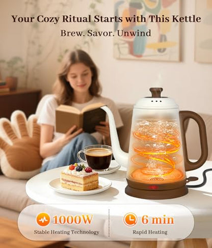 Gooseneck Electric Kettle 1L, 1000W Fast Boiling for Pour-Over Coffee & Tea, 304 Stainless Steel BPA-Free, Precise Flow Spout, Auto Shut-Off & Boil-Dry Protection, Retro Style (White) - color: White