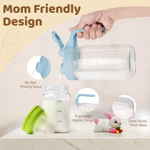 AoeJarry Breast Milk Pitcher with Leak Proof Flip Cap & Pour Spout, 32 oz Wide Mouth Mason Jars for Breast Milk Storage Container, Glass Picther with Lid for Cold Brew Coffee, Sun Tea, Juices, Purple - color: Purple