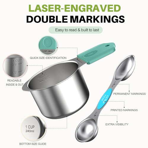 Magnetic Measuring Cups & Spoons Set, Strong N52 Magnets, Heavy Duty 304 Stainless Steel, Dual-Sided Design Fits Spice Jars, Easy-to-Read Markings, 16-Piece Set with Leveler for Baking & Cooking