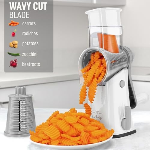 Zulay Kitchen Rotary Cheese Grater 5 Blade Cheese Shredder - Manual Hand Crank Cheese Grater With Reinforced Suction & 5 Interchangeable Drums - Easy to Use, Vegetable Chopper Round Mandoline Slicer - color: Gray and White