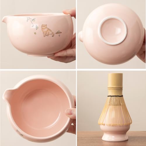 Matcha whisk 7-piece set,Pink Matcha Set， matcha bowl with nozzle, matcha whisk stand, spoon, stainless steel sieve, cloth mat, spoon stand, is a home kitchen decoration gift (pink)