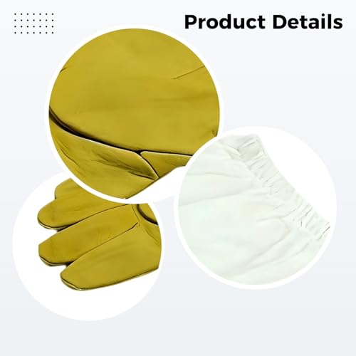 Long Sleeve Beekeeping Gloves in Sheepskin Leather, Yellow/White Canvas, Protective Beekeeper'S Tool