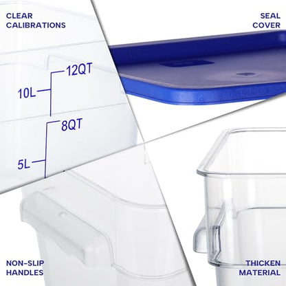 BIEAMA 4 Pack Food Storage Containers, 12 Quart with Lids, Square Commercial Containers with Scale, NSF, Polycarbonate, Clear - color: 12Qt-4 Pack(Blue Lids)
