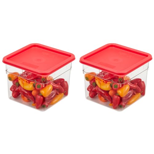 Cambro Food Storage Container with Lid - 6 QT (Quart) Square, Classic Series with Red Lid, Commercial Grade for Food Prep, Clear, 2 Pack - size: 6 QT + Lid