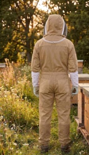 MS Bee Cotton Beekeeper Suit With One Pair Gloves and Fencing Veil - color: Beige, size: Small