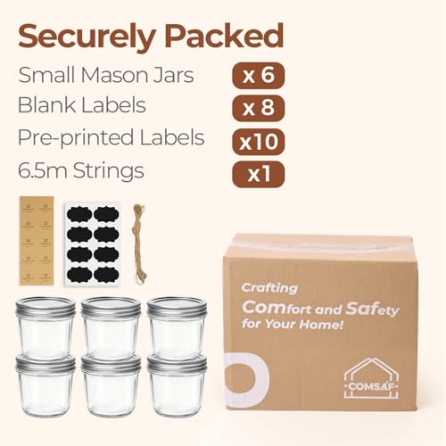 ComSaf 8 oz Wide Mouth Mason Jars, 6 Pack Small Half Pint Jars with Lids | BPA-Free, Half-Pint Portion, Chunky Salsa, Overnight Oats, Party Favors, Meal Prep, DIY Candles, Labels and Twine - size: 8oz*6 wide mouth