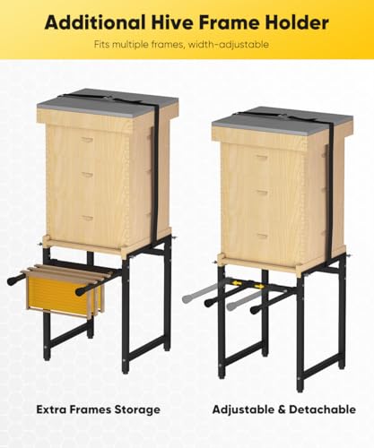 Mondazie Adjustable Metal Bee Hive Stand with Detachable Beehive Frame Holder for 8 & 10 Frame, 12 to 19 Inches Width Flow Hives Stand with 120-Inches Strap, Flowhive Stands Base for Beekeeping, Black - color: Black - With Frame Holder