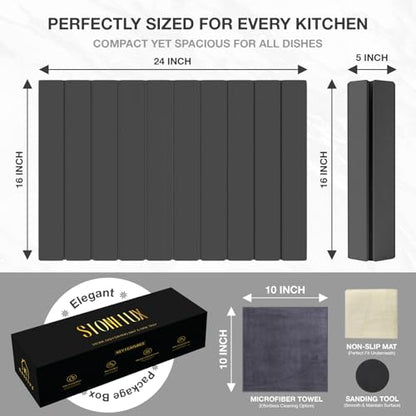 Large Stone Drying Mat for Kitchen Counter | 24"x16" | Fast Drying Collapsible Diatomaceous-Earth Mat | Super Absorbent Folding Mat for Dishes, Bottles, Glass, Heat-Resistant, Non-Slip (Dark Gray) - color: Dark Gray