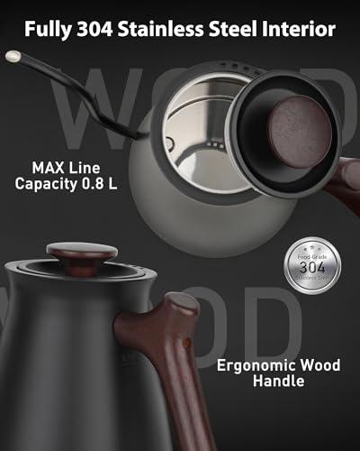 Harriet Gooseneck Electric Kettle - 1200W Fast Heat, 0.8L Stainless Steel, Precision Temp Control & Timer, Wood Handle, Pour Over Coffee and Tea, Black - color: Black