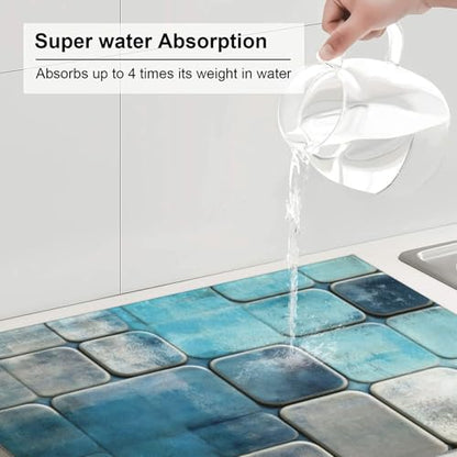 Kitchen Drying Mat for Countertop Modern Blue Geometric Tile Non-Slip Kitchen Counter Mat for Dishes Glassware - color: Blue Teal & Gray