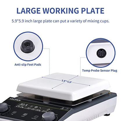 Magnetic Stirrer 5.9 inch Digital Hot Plate Magnetic Stir Plate LCD Max 5L Max Temp.300℃ 100-1600RPM Ceramic Coated Magnetic Mixer with Stir Bar&Temp Probe Sensor,Support Stand Included - size: 5L-2
