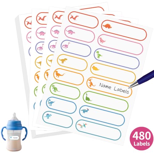 480 Pcs Labels for Kids Stuff Daycare, Waterproof Baby Name Label, Washable Bottle Labels, Reusable Self-Adhesive Tag Stickers for School Essentials, Self-Laminating Write-on (Cute Dinosaur) - style: Cute Dinosaur