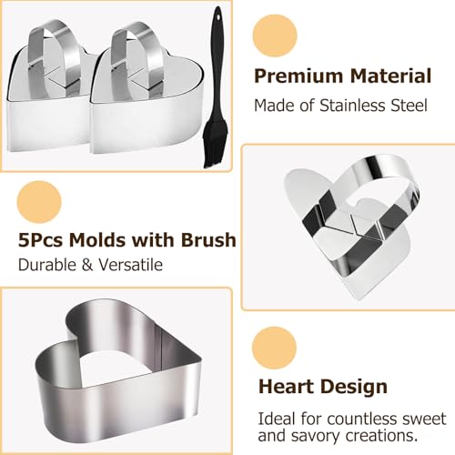 5 Pieces Heart-Shaped Food Molds Set, 3.15-Inch Cake Ring Mold, Stainless Steel Cooking Rings with Pastry Brush for Cookie & Baking - size: 3.15In-5 Pieces Heart-Shaped