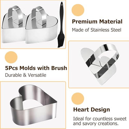 5 Pieces Heart-Shaped Food Molds Set, 3.15-Inch Cake Ring Mold, Stainless Steel Cooking Rings with Pastry Brush for Cookie & Baking - size: 3.15In-5 Pieces Heart-Shaped