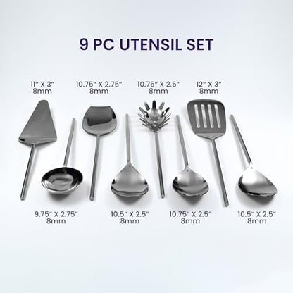 Melvvi Silver Stainless Steel Kitchen Utensils Set – 9-Piece | Non-Toxic, Stronger & Rust-Resistant Spatula, Spoons, Ladle, Slotted Turner, Pasta Server | Valentine Gifts