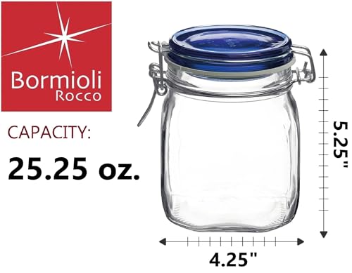 Bormioli Rocco Fido Square Jaw with Blue Lid, 25-1/4-Ounce, 149520M04121197 - color: Clear, size: 25.25 fl oz