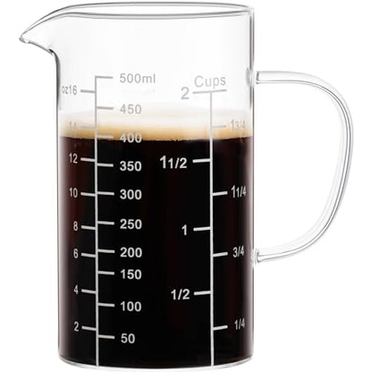 PARACITY 2 Cup Glass Measuring Cup, Liquid Measuring Cups with three Scale and V-Shaped Mouth, Glass Coffee Cups with Handle, Glass Beaker for Kitchen or Restaurant 500 ML