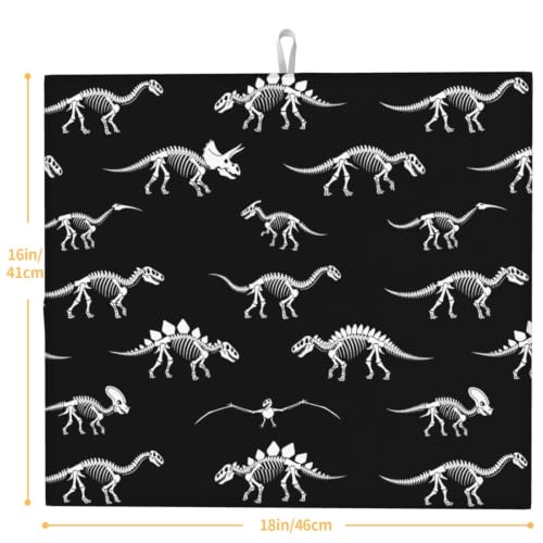 Black Dinosaur Skeletons Dish Drying Mats for Kitchen Counter, Super Absorbent Microfiber Drainer Pad, Washable Reversible Appliance Protector, Everyday Kitchen Must-Have, 16x18 Inch - color: Black Dinosaur Skeletons