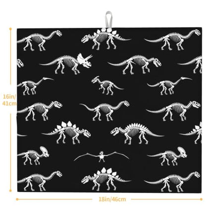 Black Dinosaur Skeletons Dish Drying Mats for Kitchen Counter, Super Absorbent Microfiber Drainer Pad, Washable Reversible Appliance Protector, Everyday Kitchen Must-Have, 16x18 Inch - color: Black Dinosaur Skeletons