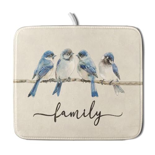 Home Blue Bird Family Dish Drying Mat for Kitchen Counter,Spring Summer Drying Mat 16 x 18 Inch with Absorbent Reversible Microfiber Drying Pad for Coffee Bar - size: 16" x 18"