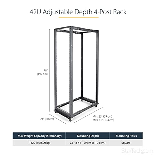 StarTech 42U 4-Post Server Rack, 19in Open Frame Rack with 40in (101cm) Mounting Depth and 1323lb (600kg) Weight Capacity, Mobile or Floor Mount IT Rack - size: 42U