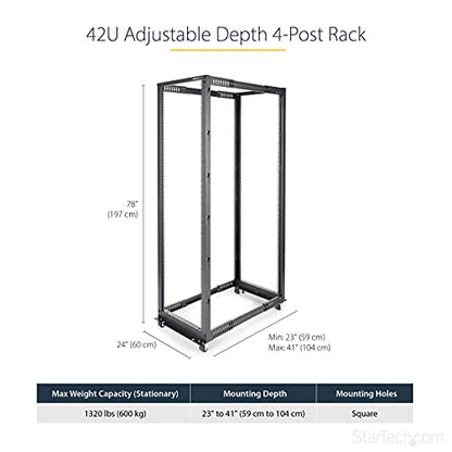 StarTech 42U 4-Post Server Rack, 19in Open Frame Rack with 40in (101cm) Mounting Depth and 1323lb (600kg) Weight Capacity, Mobile or Floor Mount IT Rack - size: 42U