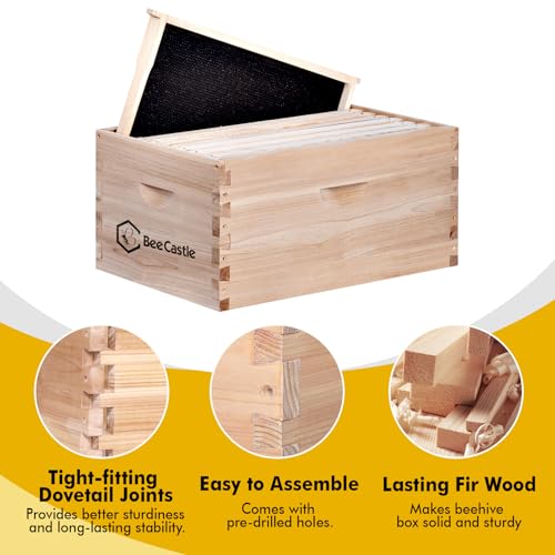 BeeCastle 8 Frame Deep Brood Bee Hive Box, Langstroth Honey Bee Hive Include Beehive Frames and Waxed Foundations (Unassembled) - size: 8 Frame