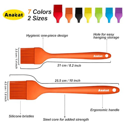 Anaeat Silicone Basting Pastry Brush- 2 Pack Heat Resistant Brushes with Soft Bristles, Hygienic Seamless Design, Marinade Brush Great in Baking for Spreading Oil Butter Sauce BBQ Grill (Orange) - color: Orange 2 Pcs (10"+8.2")