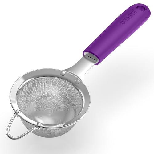 U-Taste Small Fine Mesh Strainer: 18/8 Stainless Steel 3.35in 30 Mesh Kitchen Food Sieve with Sturdy Riveted Silicone Handle, Heavy Duty Deep Handheld Metal Colander for Tea, Juice (Purple) - color: (5) Purple, size: S-3.35in