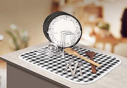 Ramanta Home Buffalo Plaid Check Dish Drying Mat Set of 2 Black - 18x24 Inches, Cotton Top Cover Absorbent Dish-Drying Mats For Sink, Dishwasher | Extra Large Kitchen Countertop Protector Dishes Pad - color: Black-White