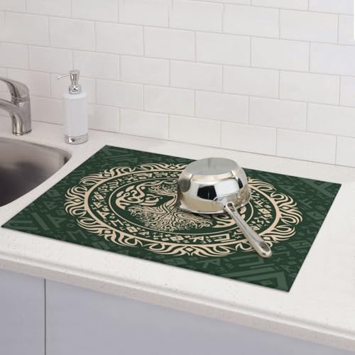 Kitchen Drying Mat for Countertop Celtic Tree Of Life Style Non-Slip Kitchen Counter Mat for Dishes Glassware - color: Dark Green