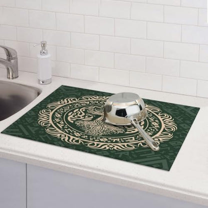 Kitchen Drying Mat for Countertop Celtic Tree Of Life Style Non-Slip Kitchen Counter Mat for Dishes Glassware - color: Dark Green