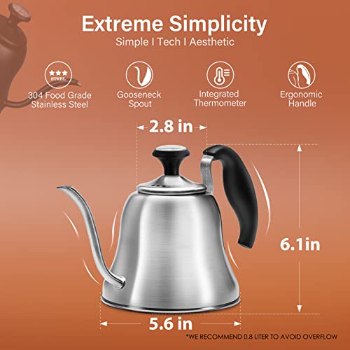 Tea Kettle with Thermometer, Gooseneck Pour Over, 28oz, Brushed | Food Grade Stainless Steel, Precise Gooseneck Spout, for Camping, Home & Kitchen, Induction & Gas Applicable - style: Brushed Silver（with Thermometer）