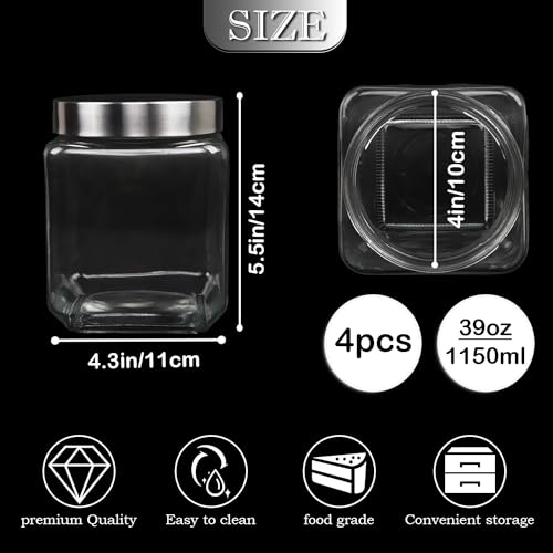 Nsmykhg 37 oz Square Glass Jars with Lids, 4 Pack Glass Canisters with Metal Lids, Clear Wide Mouth Mason Jar Food Storage Jar for Overnight Oats, Coffee, Candy, Kitchen & Bathroom Storage Containers