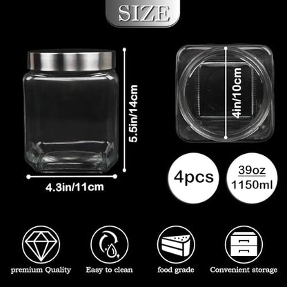 Nsmykhg 37 oz Square Glass Jars with Lids, 4 Pack Glass Canisters with Metal Lids, Clear Wide Mouth Mason Jar Food Storage Jar for Overnight Oats, Coffee, Candy, Kitchen & Bathroom Storage Containers