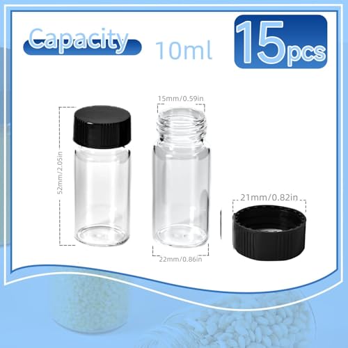 15 PCS 10ML Glass Vials, Small Liquid Sample Vial,22x52 mm Borosilicate Glass Empty Vials with Caps, Leak-Proof Vial,18-400 Black Screw Caps with PE Liner - size: 10Ml（22x52mm）