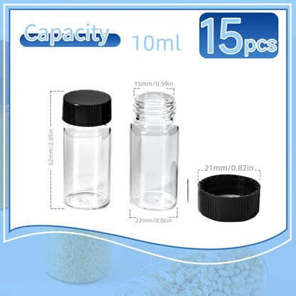 15 PCS 10ML Glass Vials, Small Liquid Sample Vial,22x52 mm Borosilicate Glass Empty Vials with Caps, Leak-Proof Vial,18-400 Black Screw Caps with PE Liner - size: 10Ml（22x52mm）