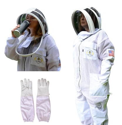 3 Layer Bee Suit with Fencing Veil One Pair Gloves Sting Proof Ventilated Beekeeping Suit - color: White, size: 3X-Large