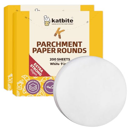 Katbite 9 Inch 400Pcs Parchment Paper Rounds, Round Parchment Paper for Cake Baking, Air Fryer Liners, Freezing, Tortilla Press(2 Pack of 200Pcs) - size: 9inch-400